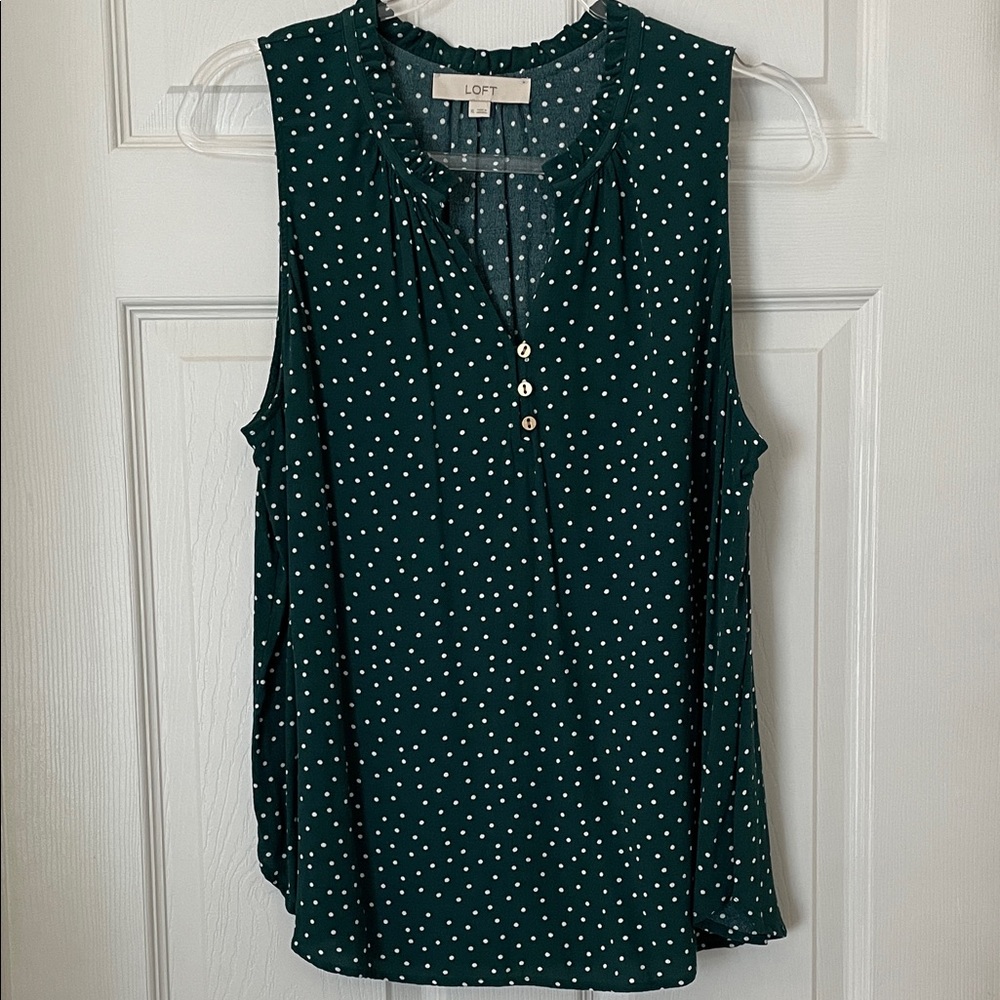 Loft Green & White Polka Dot V-Neck Sleeveless Top